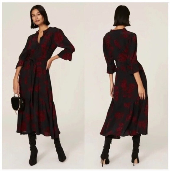 Marissa Webb Collective Button Front Navy Floral Midi Dress Size 6 - Picture 1 of 7